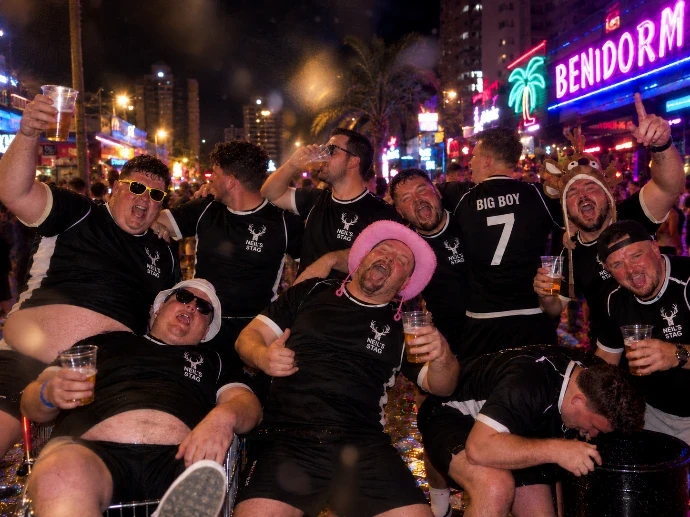 Stag kit concept showing a squad in matching personalised football shirts in Benidorm
