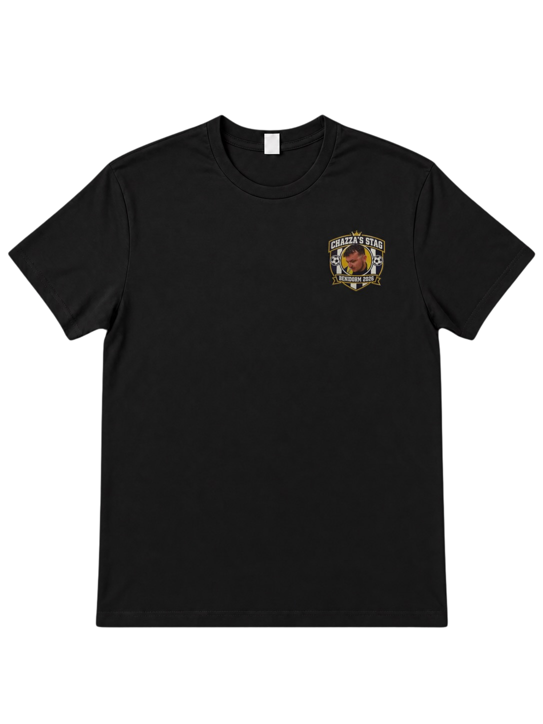 Black shirt front with personalised Chazza’s Stag badge for Benidorm 2026