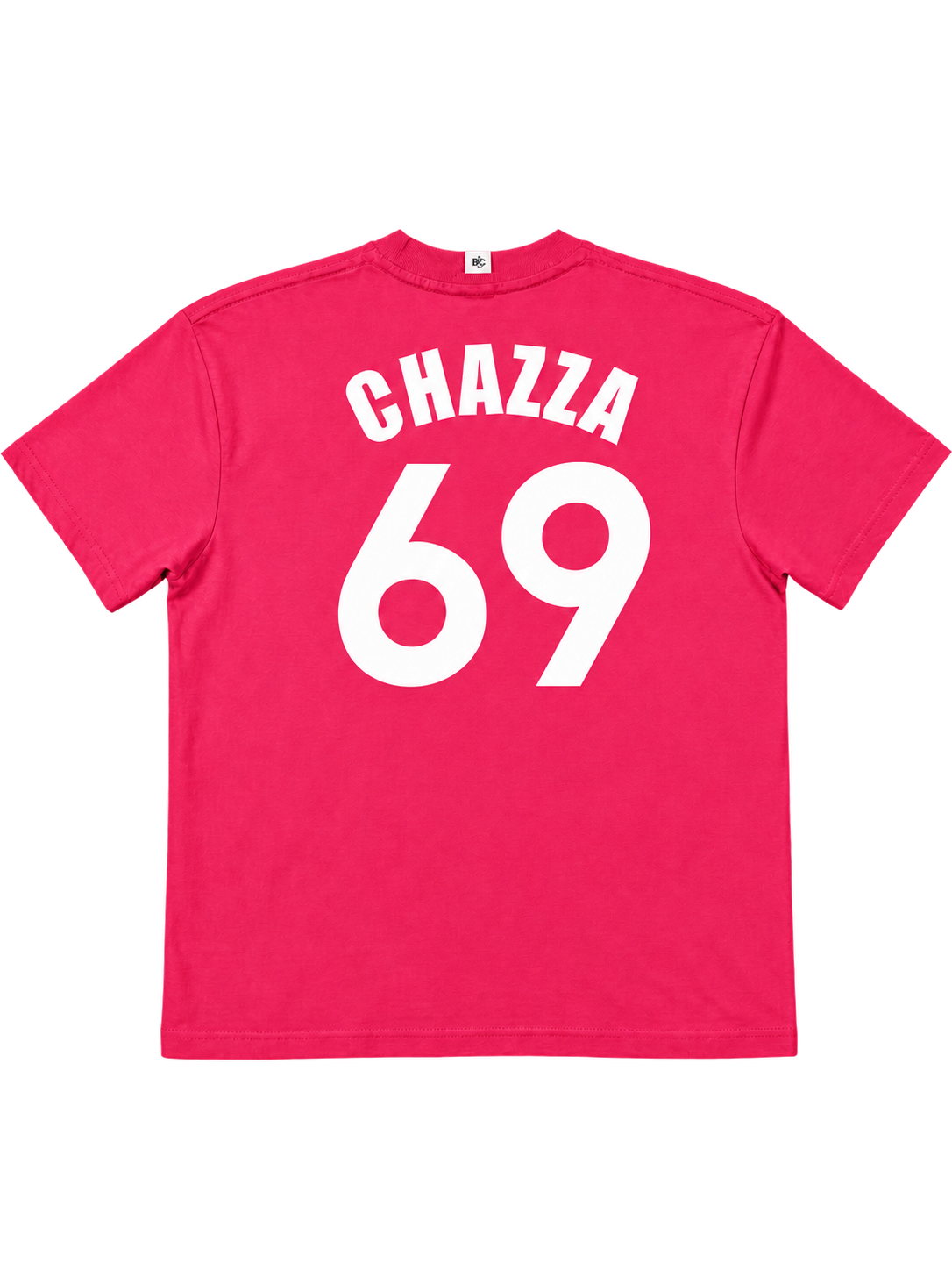 Pink groom shirt back with Chazza and number 69 in white
